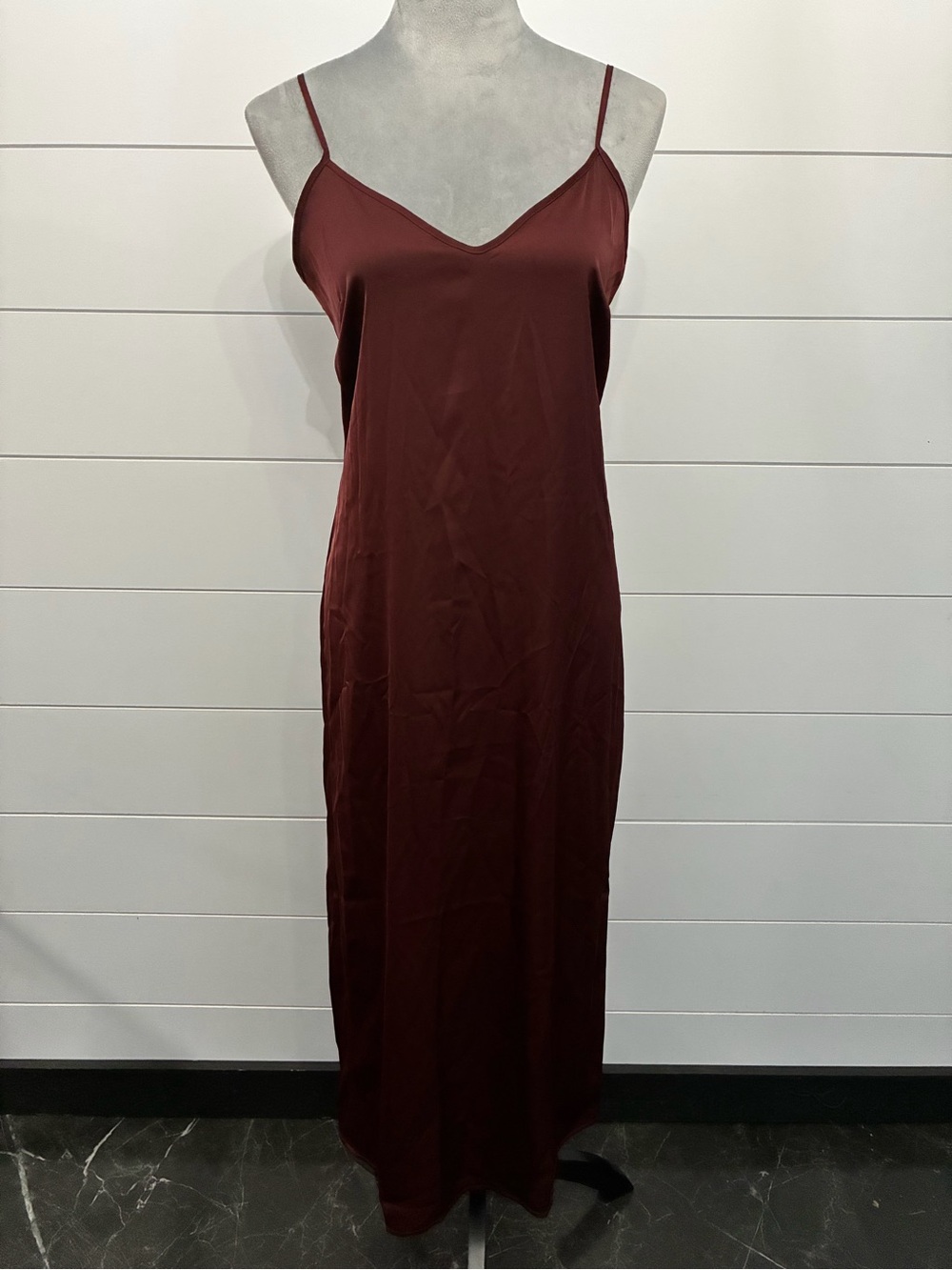 Rachel Zoe Slip Dress Burgundy/Brown Satin V-Neck Midi Back Slit Sz S NWT/0352